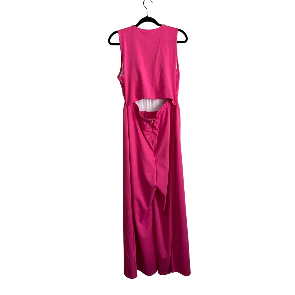 NWT Halara V Neck Sleeveless Ruched Pocket Jumpsuit-Easy Peezy Pink Wide Leg L - Picture 7 of 9